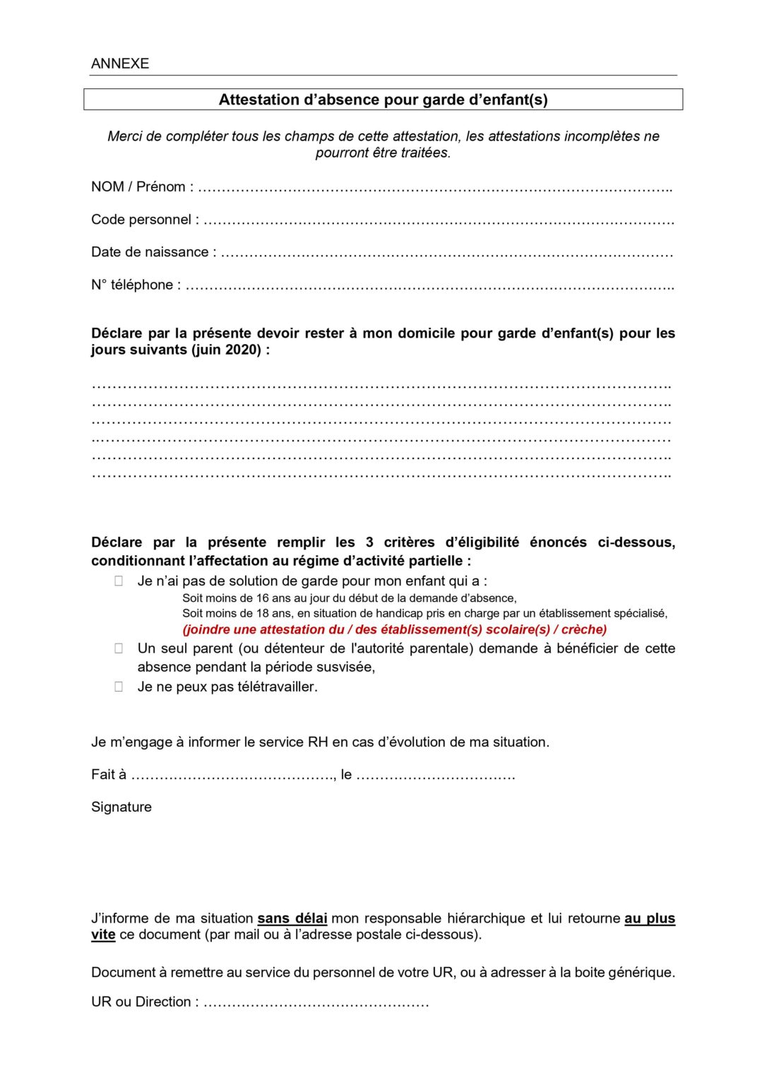 Attestation Garde d'enfants  CFTC Stellantis Metz